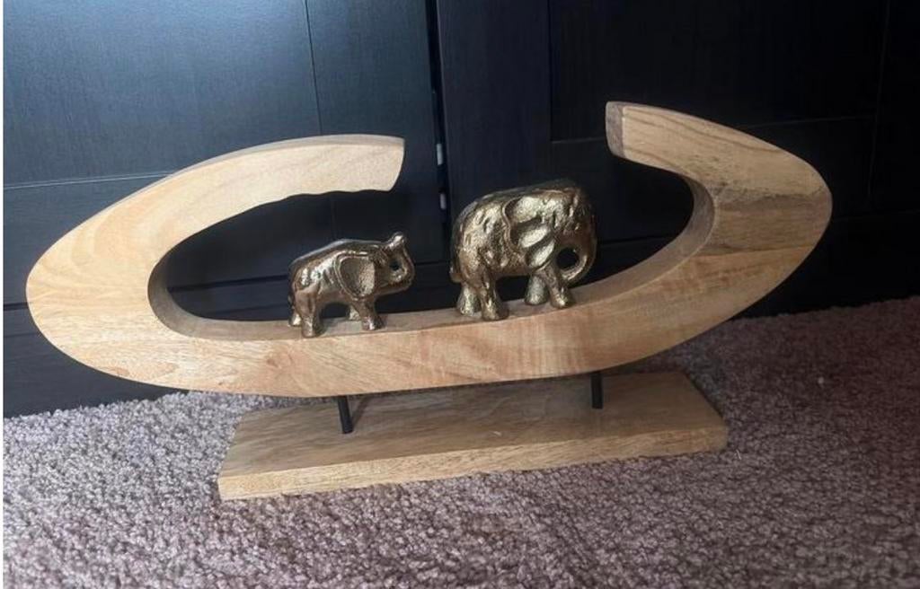 Decoratief Olifanten Beeldje op Houten Sokkel, Huis en Inrichting, Woonaccessoires | Overige, Hout, Ophalen of Verzenden, Goud