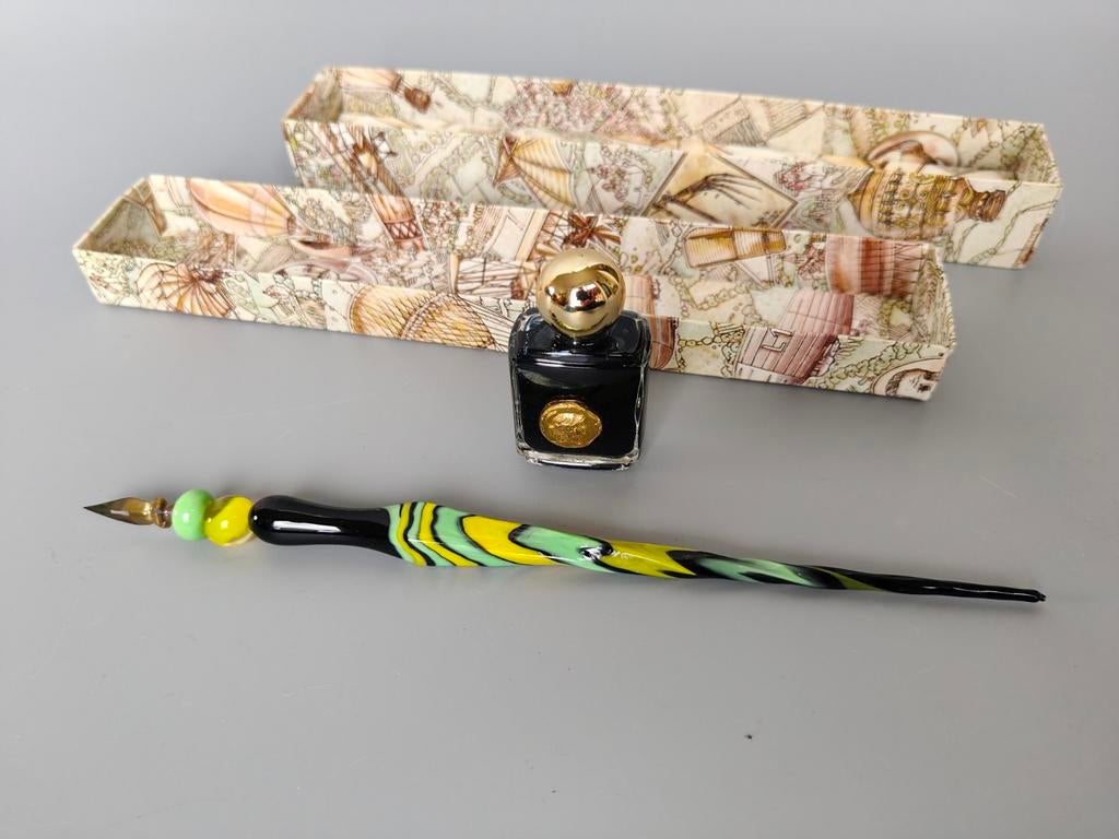 Murano? Glazen griffel met inktpot inktpen in originele verp, Verzenden