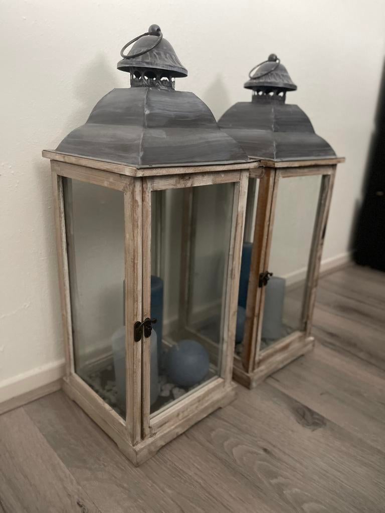 Houten windlicht set van 2, Huis en Inrichting, Woonaccessoires | Kandelaars en Kaarsen, Ophalen of Verzenden, Zo goed als nieuw