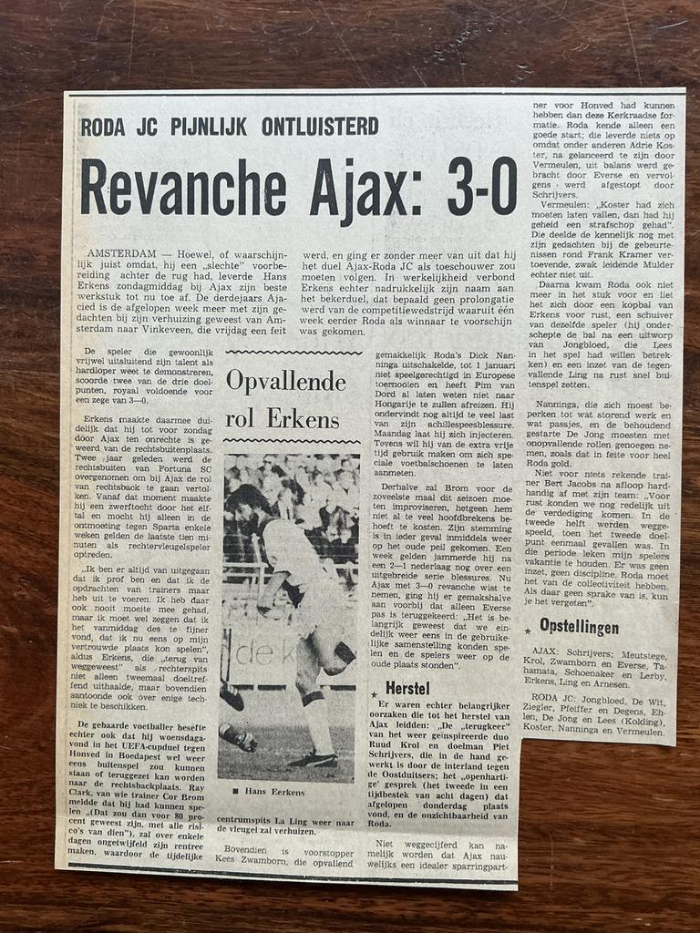 Voetbal krantenartikel Ajax Roda JC november 1978, Ophalen of Verzenden, Knipsel(s)