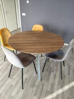 Eettafel met houtlook blad en metalen onderstel + 4 stoelen, Gebruikt, Rond, Vier personen, Ophalen