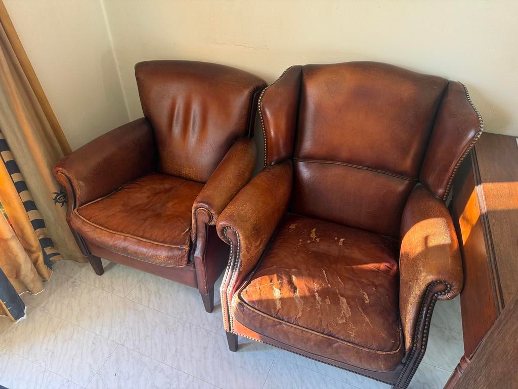 Vintage Leren Fauteuils - 2 stuks - Klassiek Bruin Design, Ophalen