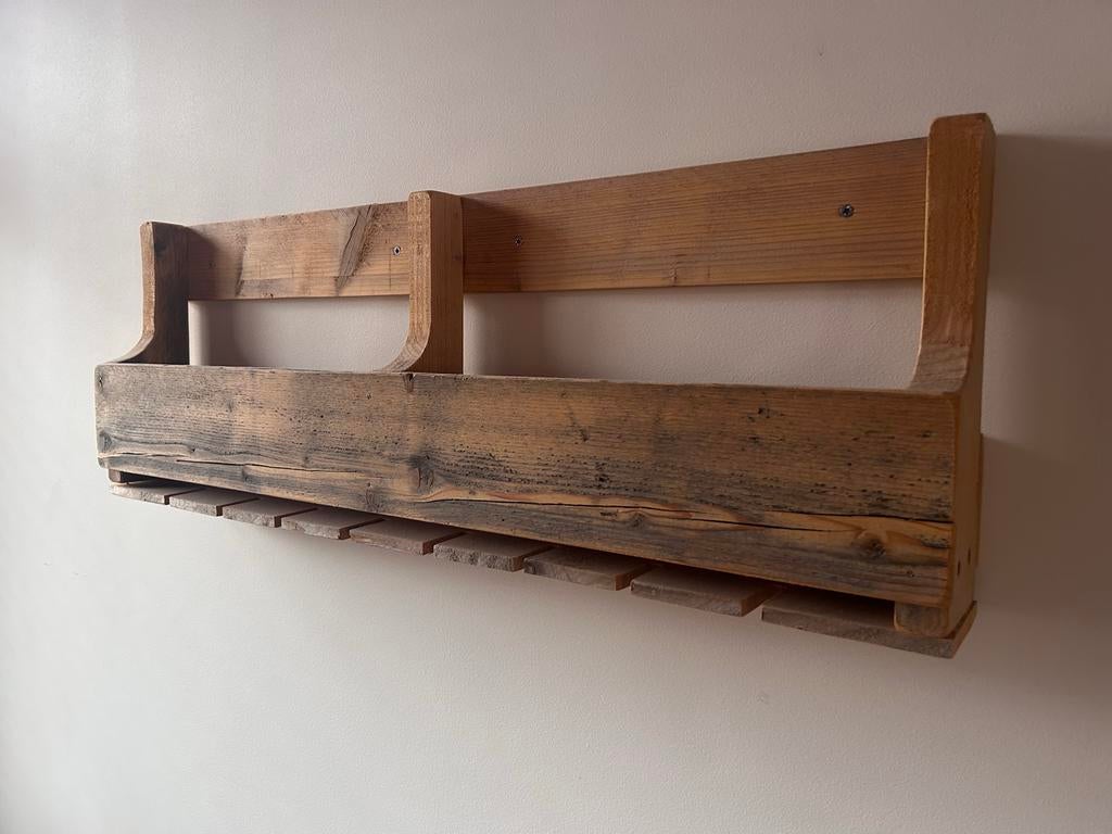 Rustiek houten wijnrek met glashouders, Ophalen, 5 tot 15 flessen, Zo goed als nieuw, Minder dan 50 cm