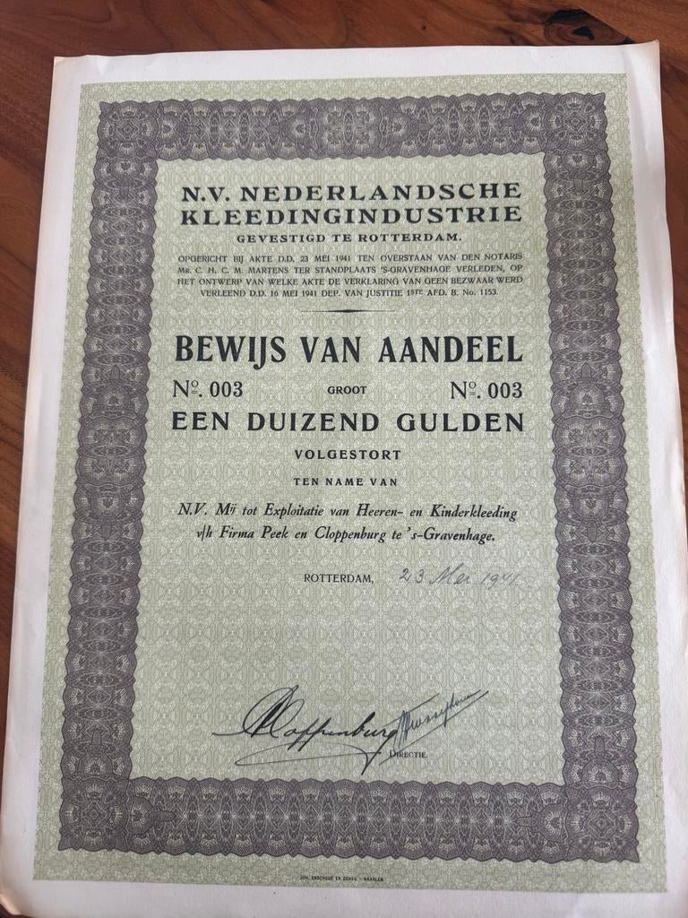 NV Nederlandse Kleedingindustrie v/h Peek en Cloppenburg, Postzegels en Munten, Aandelen en Waardepapieren, Ophalen of Verzenden