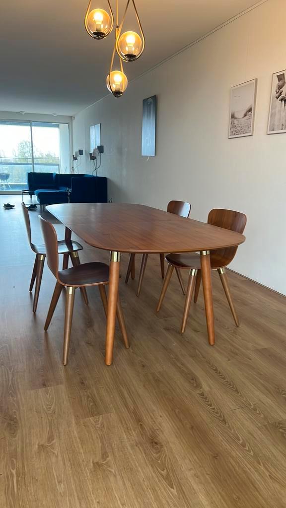 Walnut table + 4 chairs, Huis en Inrichting, Tafels | Eettafels, Zo goed als nieuw, 200 cm of meer, Rechthoekig, Ophalen of Verzenden