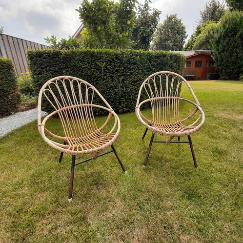 Vintage Rotan Stoeltjes Rohé, Huis en Inrichting, Stoelen, Gebruikt, Twee, Metaal, Riet of Rotan, Bruin, Ophalen