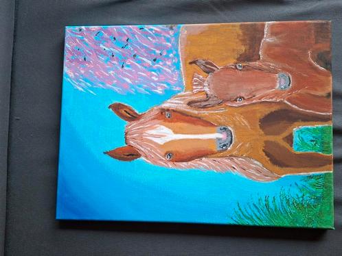 Zelfgemaakt schilderij van een paard met veulen, Antiek en Kunst, Kunst | Overige Kunst, Ophalen of Verzenden