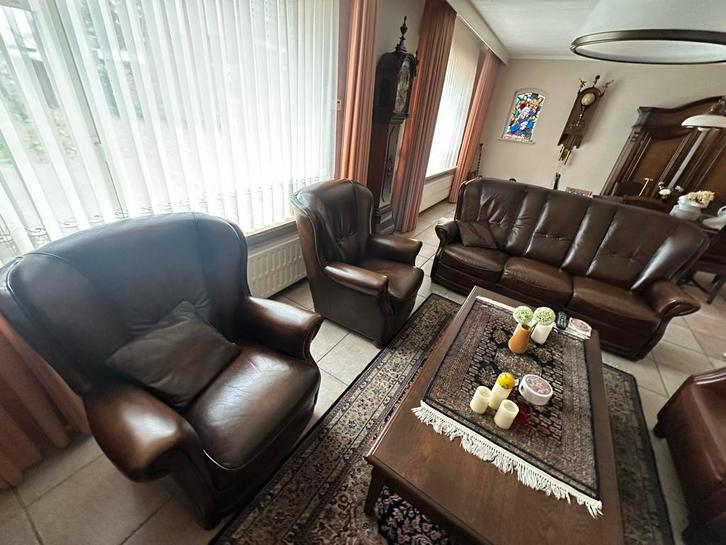 Vintage leren bankstel + fauteuils, Huis en Inrichting, Banken | Bankstellen, Gebruikt, Rechte bank, Vierpersoons of meer, 200 tot 250 cm