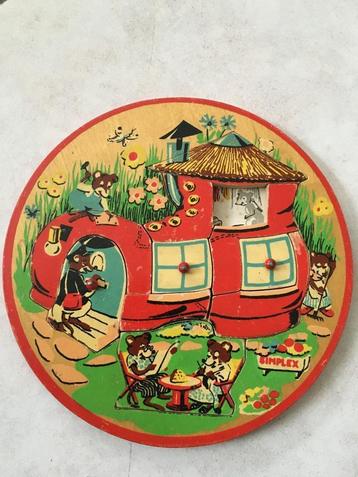 Vintage ronde houten kinderpuzzel Simplex “Het Muizenhuis”  beschikbaar voor biedingen