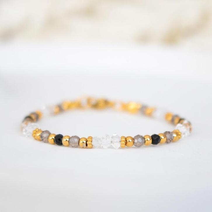 Armband met Herkimer diamant, rookkwarts & zwarte toermalijn, Sieraden, Tassen en Uiterlijk, Armbanden, Nieuw, Staal, Zwart, Met bedels of kralen