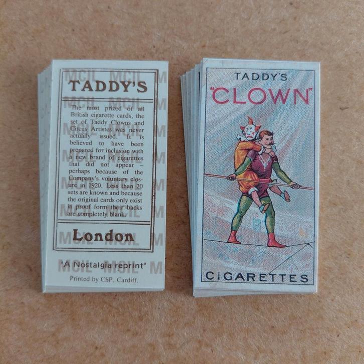 Clowns & Circus Artists compl. set 20 cigarette cards REPRO, Verzamelen, Overige Verzamelen, Zo goed als nieuw, Ophalen