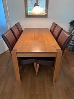 Eethoek licht eikenhout met 6 lederen stoelen, Ophalen, Zo goed als nieuw, 6 tot 8 stoelen