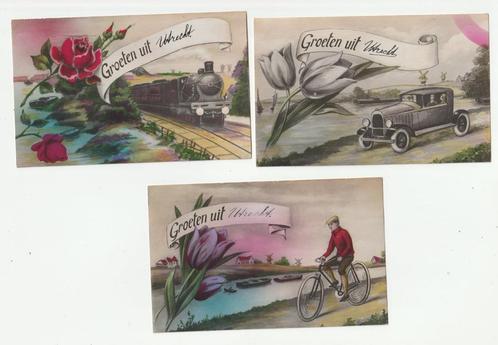 3 x Groeten uit Utrecht fiets trein / locomotief oldtimer, Verzamelen, Ansichtkaarten | Nederland, Gelopen, Utrecht, 1920 tot 1940