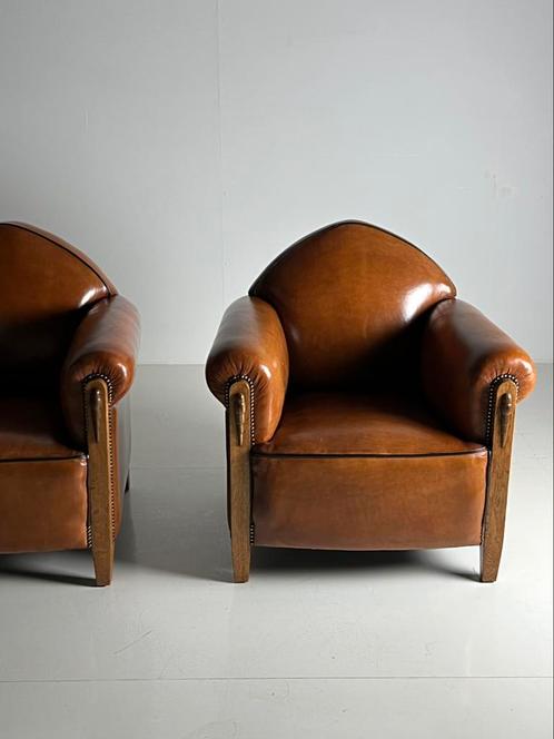 2x Clubchair schapenleer Art Deco leder, Huis en Inrichting, Fauteuils, Gebruikt, 75 tot 100 cm, Ophalen