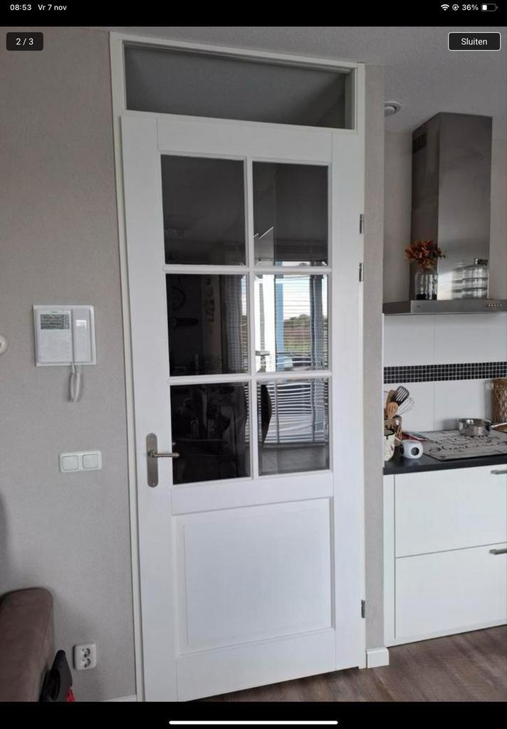 Witte opdekdeur met glas facet geslepen, Doe-het-zelf en Verbouw, Deuren en Horren, Zo goed als nieuw, Binnendeur, 215 cm of meer