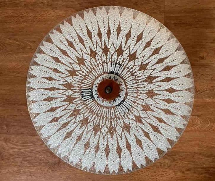 Grote vintage schaallamp / plafondlamp, Huis en Inrichting, Lampen | Plafondlampen, Gebruikt, Glas, Hout, Ophalen