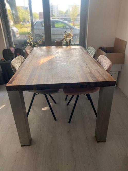 Houten eettafel met zilveren poten + optioneel 4 eetkamersto, Huis en Inrichting, Tafels | Eettafels, Zo goed als nieuw, 50 tot 100 cm