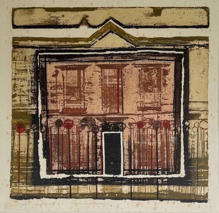 Aquatint Anne Huitema, "gevel", eind 20e eeuw, Antiek en Kunst, Kunst | Litho's en Zeefdrukken, Ophalen of Verzenden