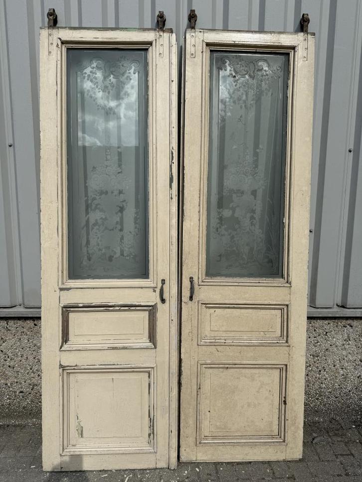 Prachtige antieke schuifdeuren met geetst glas, Doe-het-zelf en Verbouw, Deuren en Horren, Gebruikt, Binnendeur, 215 cm of meer