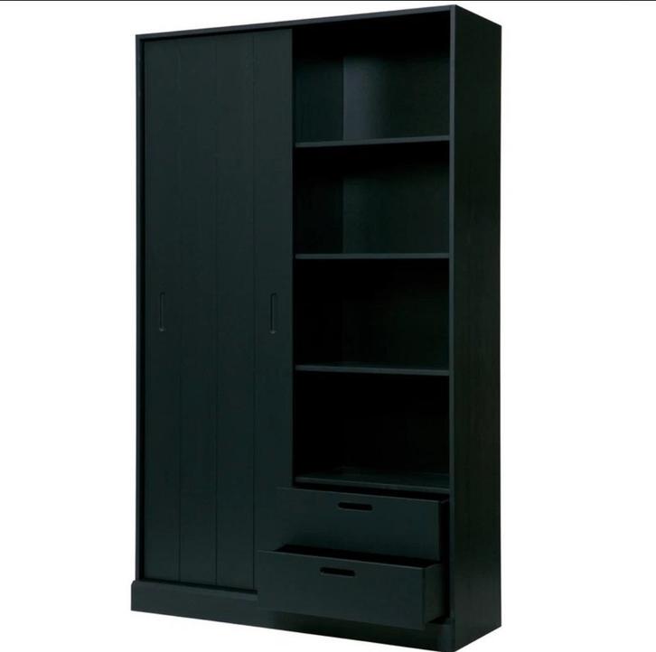 Woood schuifdeurkast matzwart grenenhout, Huis en Inrichting, Kasten | Roldeurkasten en Archiefkasten, Gebruikt, Minder dan 100 cm