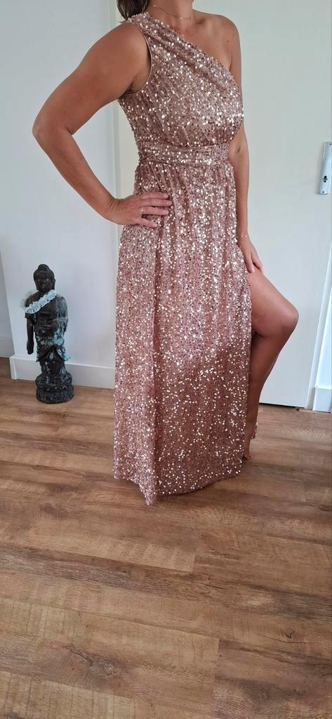 Prachtige rosé gouden avondjurk - Maat L, Kleding | Dames, Jurken, Zo goed als nieuw, Maat 42/44 (L), Roze, Ophalen of Verzenden