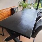 Boomstam eettafel 240x100 cm – zwart blad, stalen X-poten, Ophalen, Gebruikt, 200 cm of meer, 50 tot 100 cm