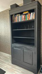 Ruime zwarte boekenkast met open en dichte planken, Ophalen, 100 tot 150 cm, 200 cm of meer, Kersenhout