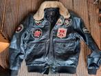 Vintage leren jas met patches, Maat 52/54 (L), Zwart, Vintage, Ophalen of Verzenden