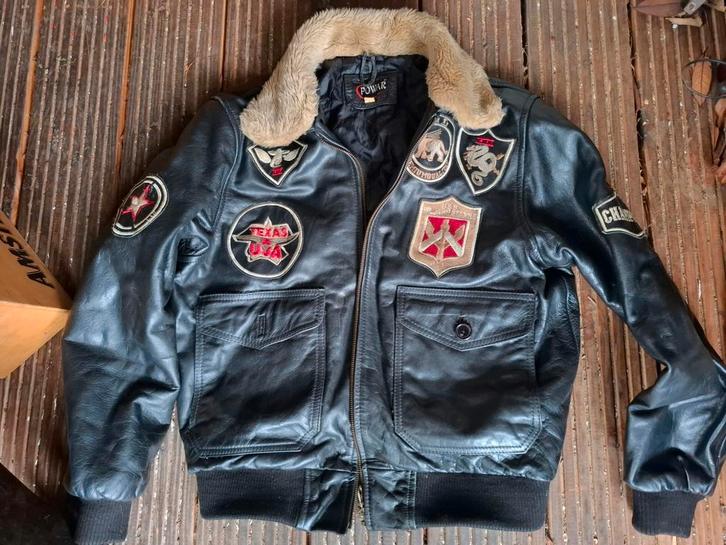 Vintage leren jas met patches, Kleding | Heren, Jassen | Zomer, Gedragen, Maat 52/54 (L), Zwart, Ophalen of Verzenden