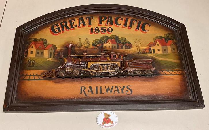Great pacific railways 1850, houten wandbord, Verzamelen, Spoorwegen en Tramwegen, Gebruikt, Trein, Overige typen, Ophalen of Verzenden