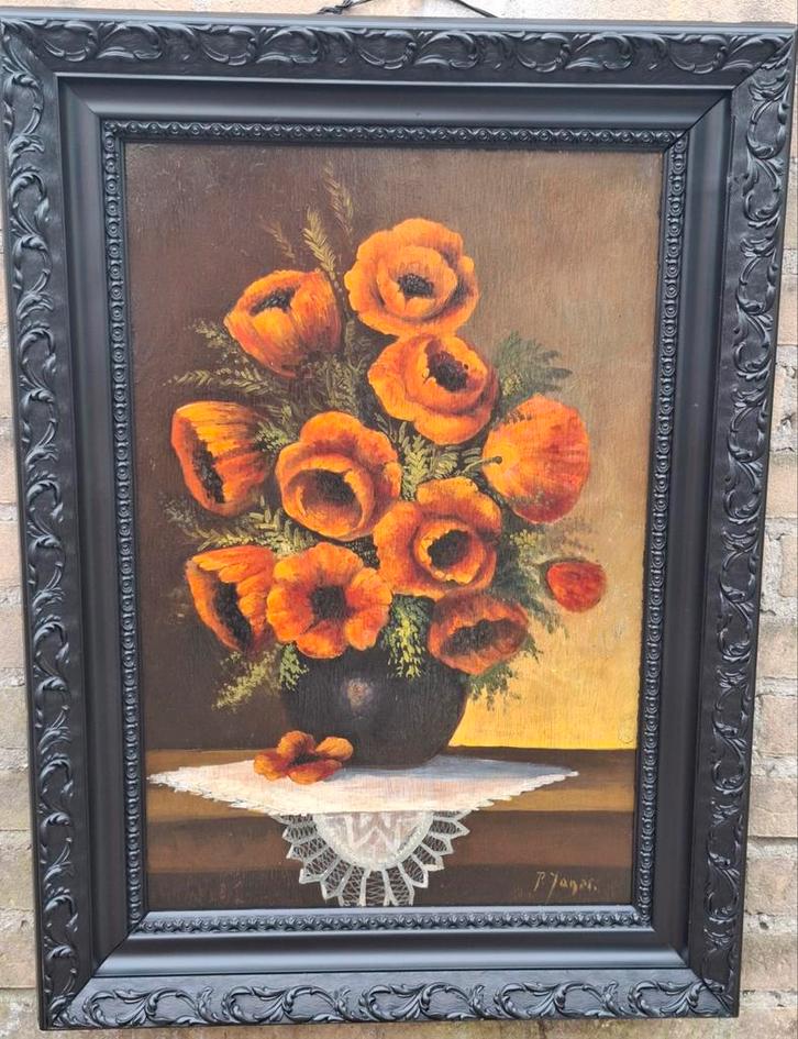 Stilleven. P.Jager. Olie/paneel. Ca 1900. 54/74 cm., Antiek en Kunst, Kunst | Schilderijen | Klassiek, Ophalen