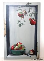 'In de appelboom" uniek schilderij op een oud houten paneel., Antiek en Kunst, Ophalen of Verzenden