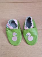 Leren sloffen maat 27/28 (16/17 cm) groen met flamingo, Gebruikt, Meisje, Overige typen, Ophalen of Verzenden