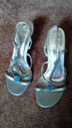 Sandalette zilverkleurig met blauw maat 36 hak ca 8 cm, Overige kleuren, Zo goed als nieuw, Sandalen of Muiltjes, Ophalen of Verzenden