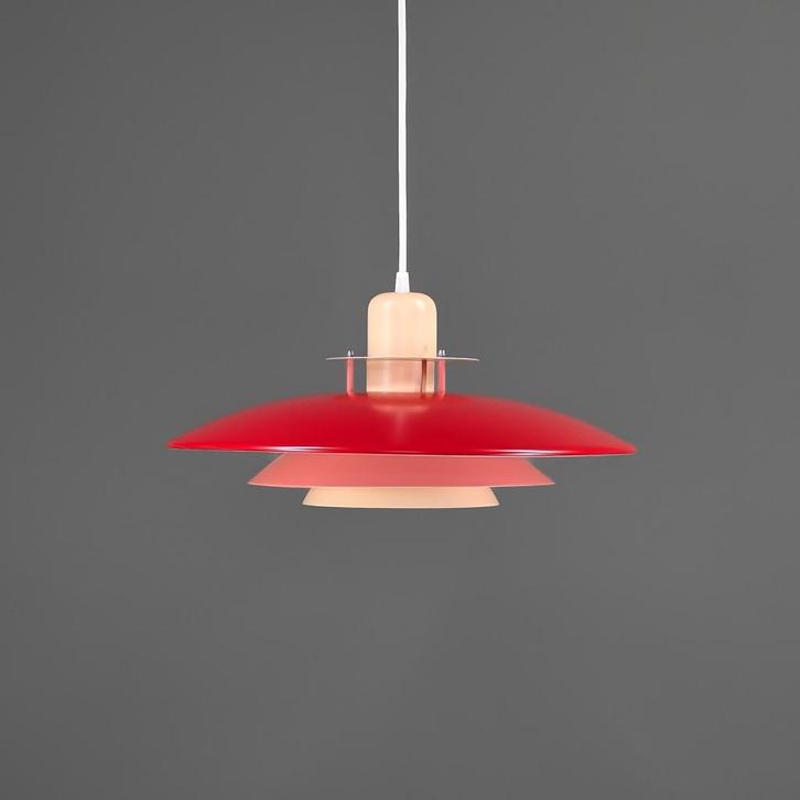 Deense hanglamp in rood en roze - vintage lamp, Huis en Inrichting, Lampen | Hanglampen, Zo goed als nieuw, 75 cm of meer, Kunststof