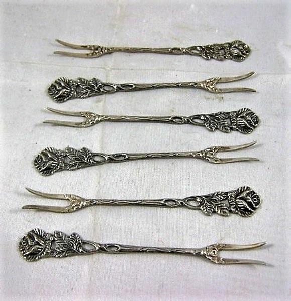 Zes cocktailvorkjes zilver Hildesheimer Rose ALBO (7040), Antiek en Kunst, Curiosa en Brocante, Ophalen