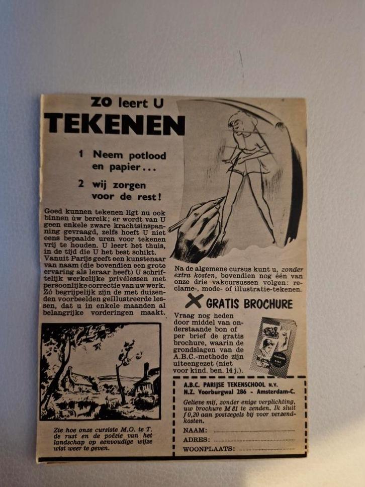 Oude reclame advertenties tekenen A.B.C. Parijse Tekenschool, Verzamelen, Tijdschriften, Kranten en Knipsels, 1940 tot 1960, Ophalen of Verzenden