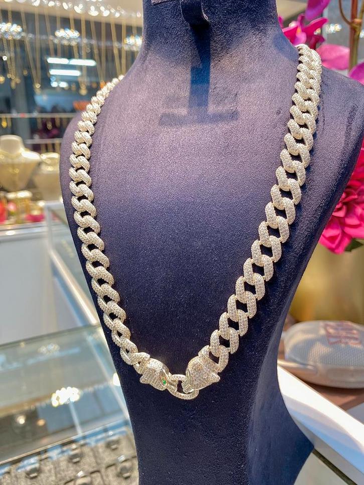 Zilveren Massieve Iced Cuban Link Ketting, Sieraden, Tassen en Uiterlijk, Kettingen, Nieuw, Zilver, Zilver, Met edelsteen, Verstelbaar