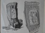 Drie prenten middeleeuwse drinkhoorn kannen Frans Buffa 1858, Antiek en Kunst, Kunst | Etsen en Gravures, Verzenden