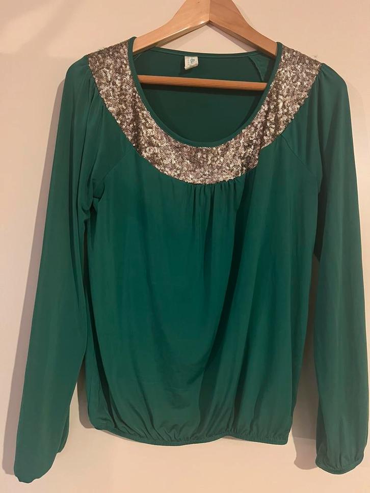 By-Bar goene top met gouden pailletten - Maat M-  travelstof, Kleding | Dames, Tops, Zo goed als nieuw, Maat 38/40 (M), Groen