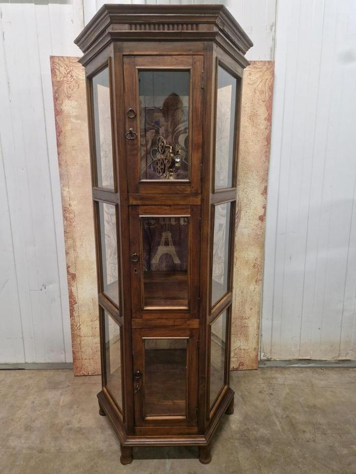 Antieke teakhouten 6-hoekige vitrinekast, servieskast,, Huis en Inrichting, Kasten | Vitrinekasten, Zo goed als nieuw, 25 tot 50 cm