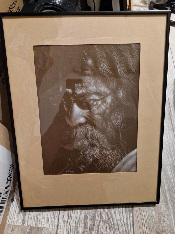 Ava Devi - zijde schilderij - man met baard, Antiek en Kunst, Kunst | Niet-Westerse kunst, Ophalen of Verzenden