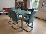 Glazen eettafel (80-160cm) met 6 stoelen, Ophalen, Gebruikt, 6 tot 8 stoelen
