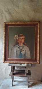 Antiek Frans portret schilderij van een meisje gesigneerd, Antiek en Kunst, Ophalen of Verzenden
