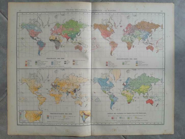 15-16/ 4 kaarten volken religie volksdichtheid handel 1899, Antiek en Kunst, Kunst | Litho's en Zeefdrukken, Ophalen of Verzenden