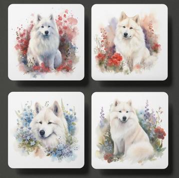 Samojeed Aquarel onderzetters met houder beschikbaar voor biedingen