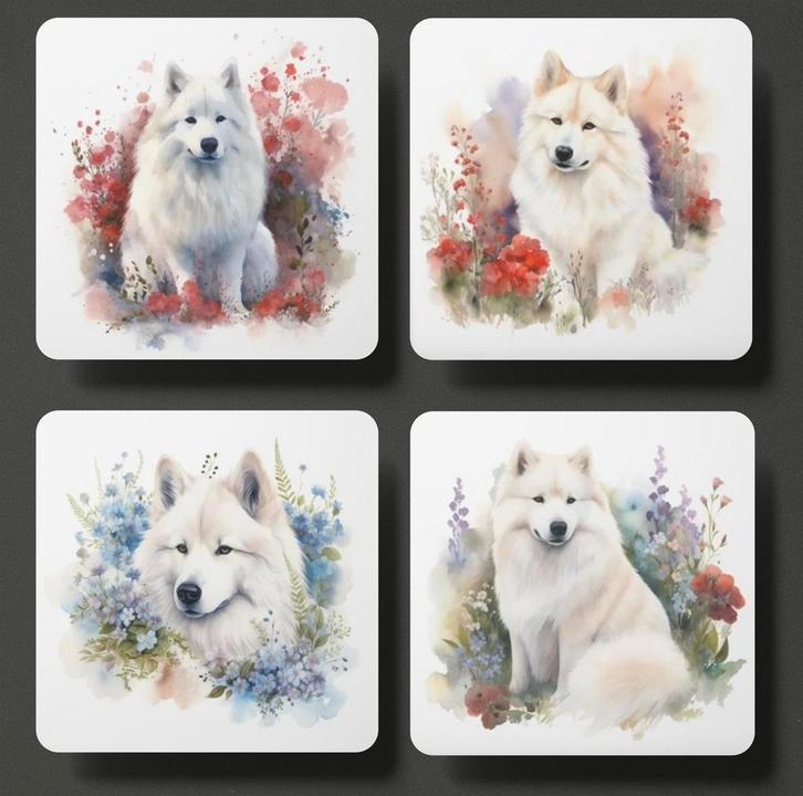 Samojeed Aquarel onderzetters met houder, Huis en Inrichting, Woonaccessoires | Onderzetters, Nieuw, Glas of Kopje, Ophalen of Verzenden