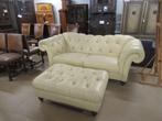 Oer 10247 vintage leren Chesterfield bank met grote poef, Ophalen, Leer
