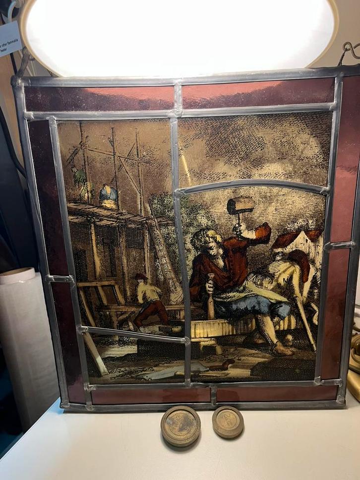Glas - in - lood paneel van ambachtslieden aan het werk., Antiek en Kunst, Kunst | Schilderijen | Klassiek, Ophalen of Verzenden