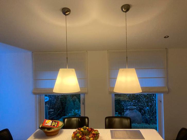 Tweetal prachtige en sfeervolle hanglampen, Huis en Inrichting, Lampen | Hanglampen, Zo goed als nieuw, Minder dan 50 cm, Glas